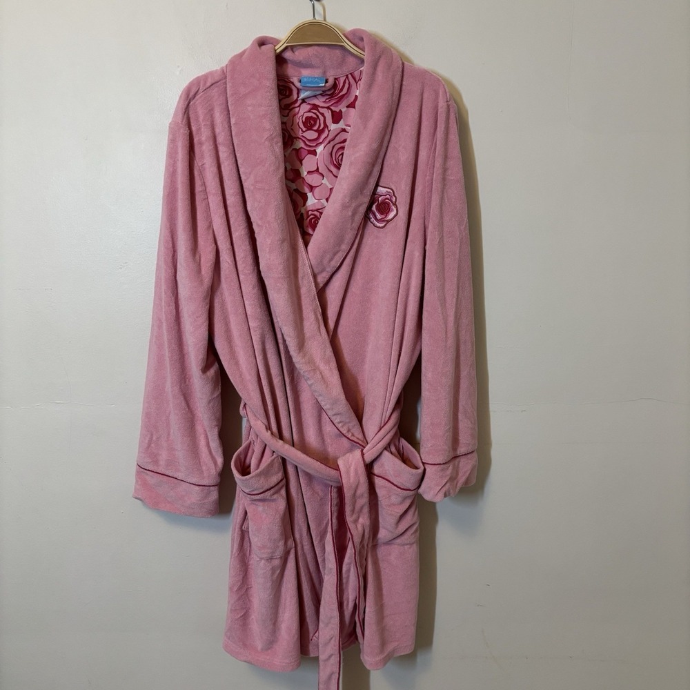 Nick & Nora Robe Pink Terry Cloth Rose Floral Lining XXL